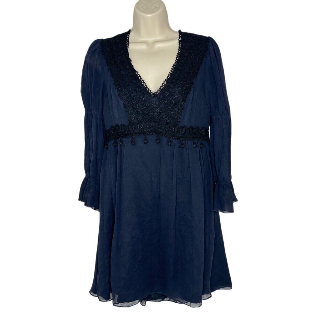VTG Nanette Lepore Women's Navy Blue 100% Silk Long Sleeve Crochet Dress Sz 6